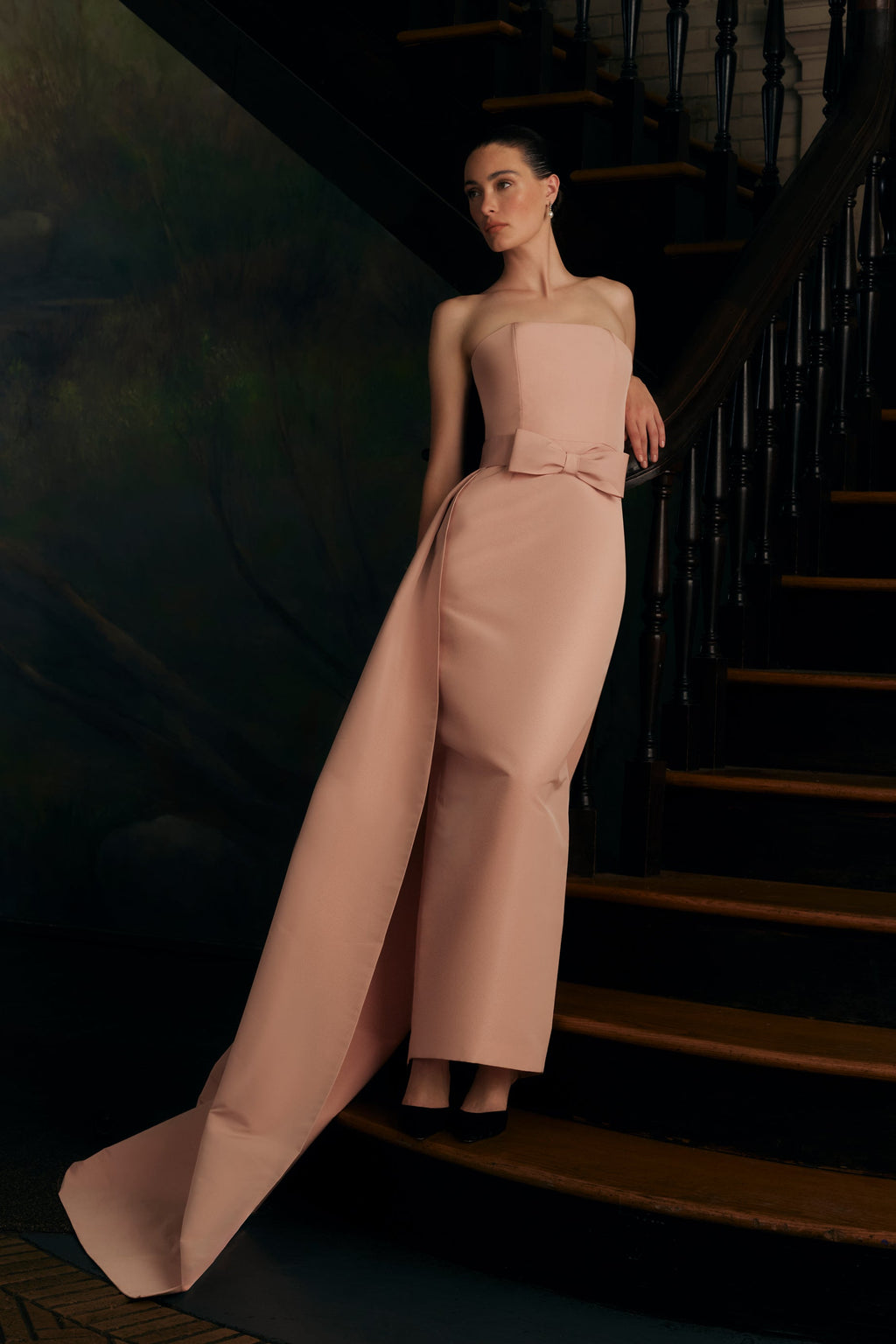 Leonore Silk Faille Column Gown with Detachable Bow Train