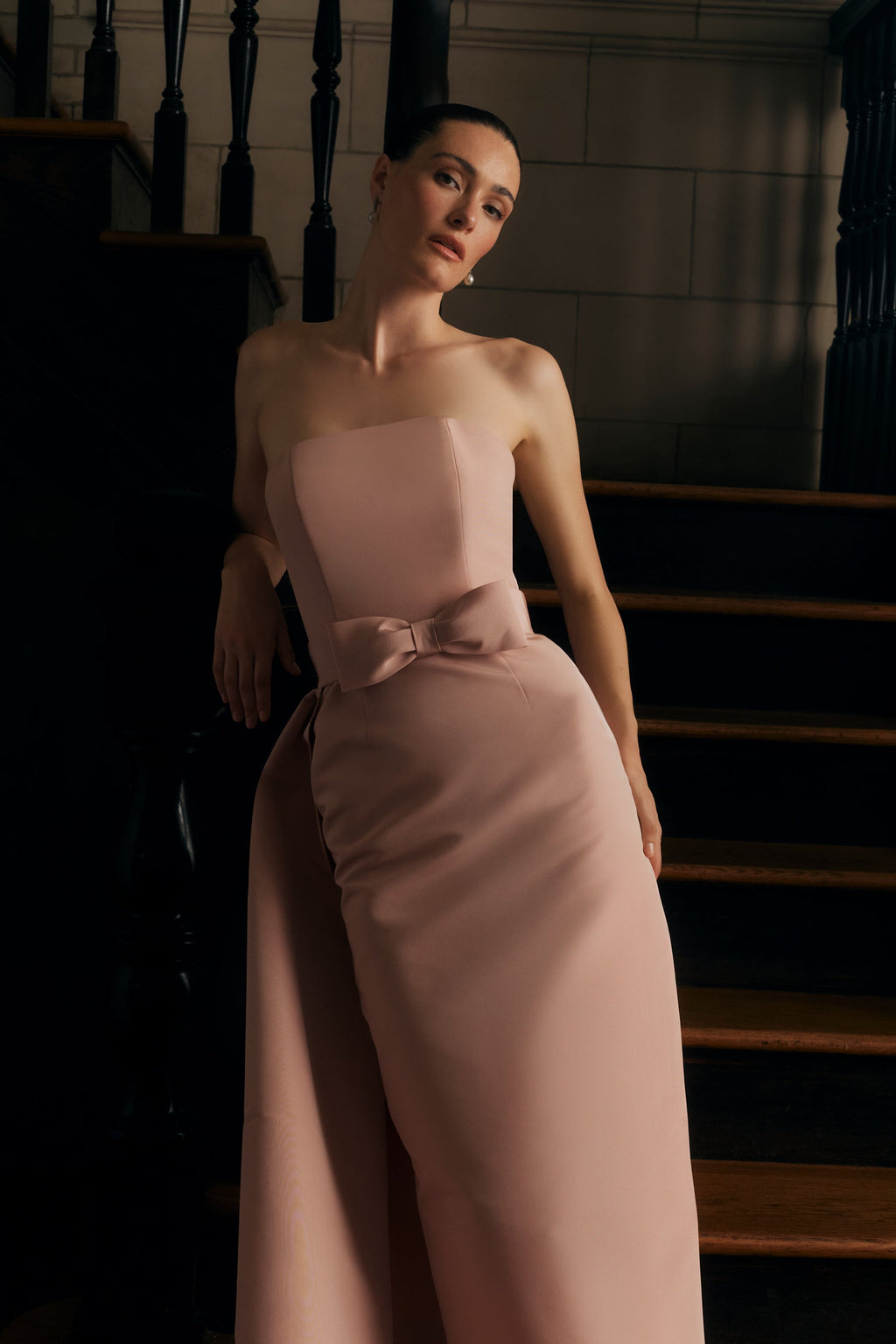 Leonore Silk Faille Column Gown with Detachable Bow Train