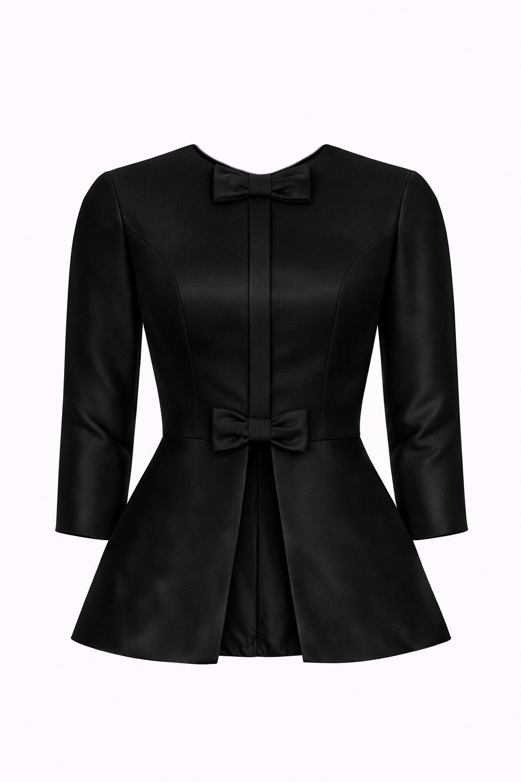 Front view of Marion silk and wool top showing fitted bodice, three-quarter sleeves, peplum front with center split and bow details on light background