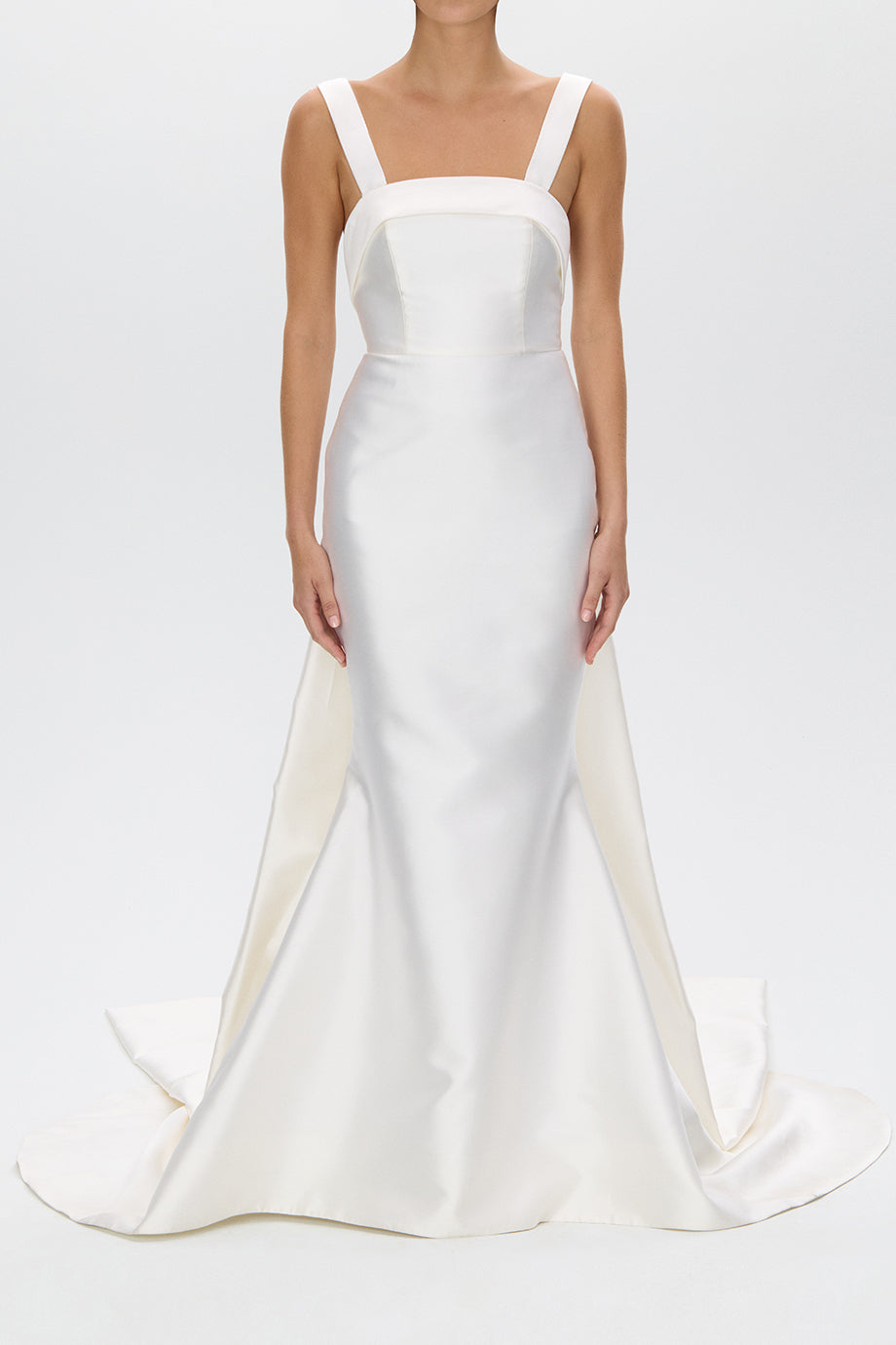 Front view of the Romina Silk and Wool Mermaid Gown showcasing structured bodice and mermaid skirt with a white studio background