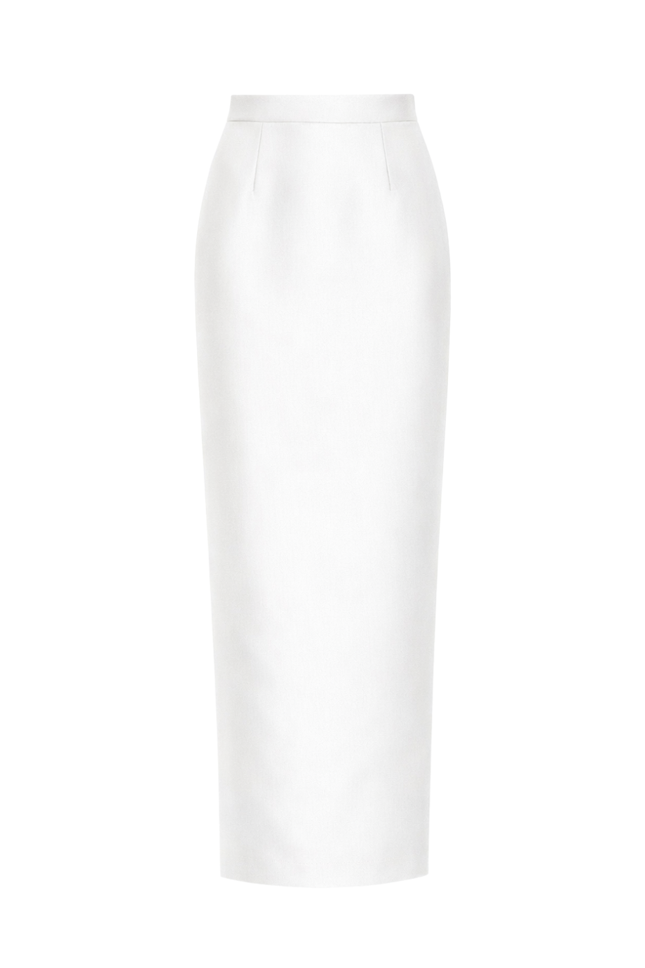 Front view of Silk and Wool column skirt showcasing slim, straight column silhouette and high waist on white background