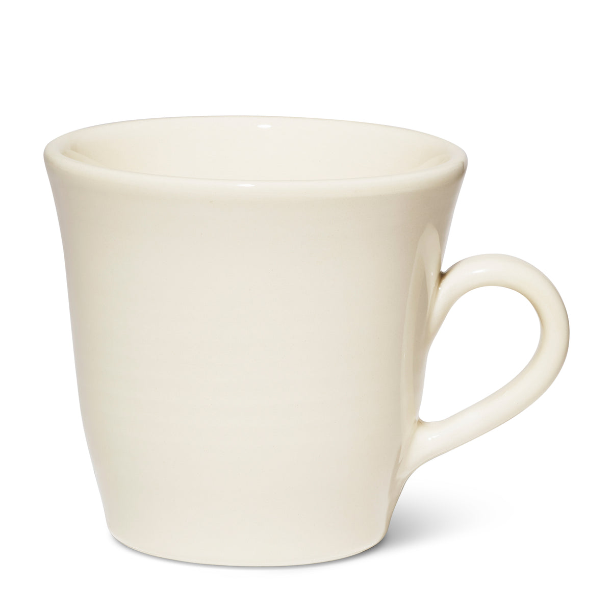 Front-right view of Allette cream ceramic mug showing flared rim, rounded handle, and glossy finish on white background