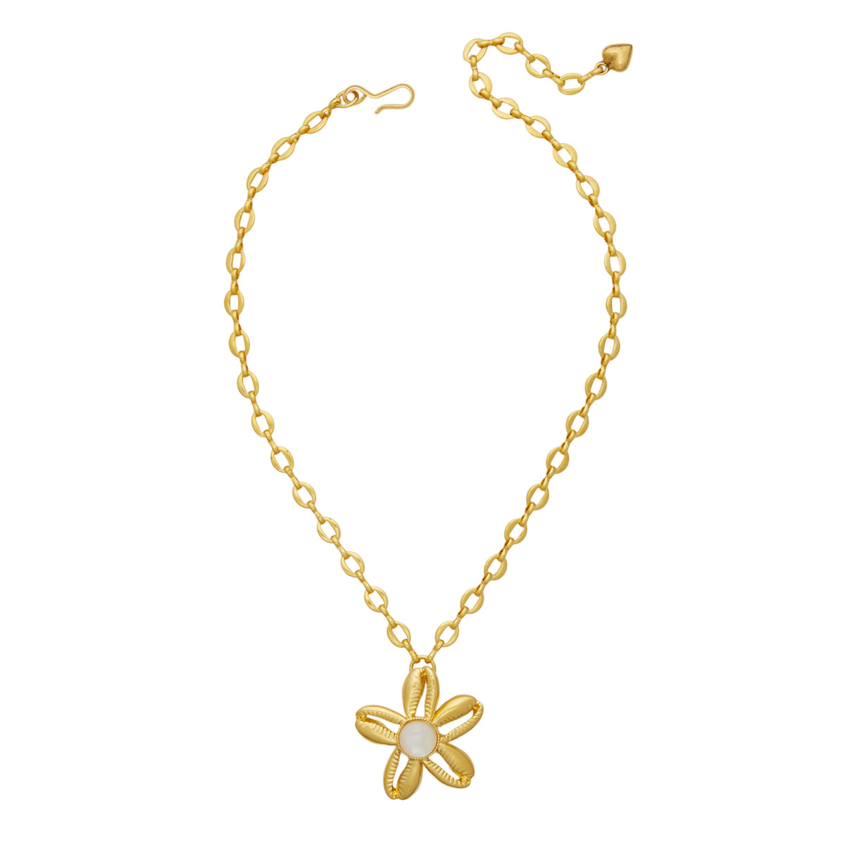 Top-down Aloha Necklace showing 24K gold-plated chain and cowrie-shell flower pendant with mother-of-pearl center on white