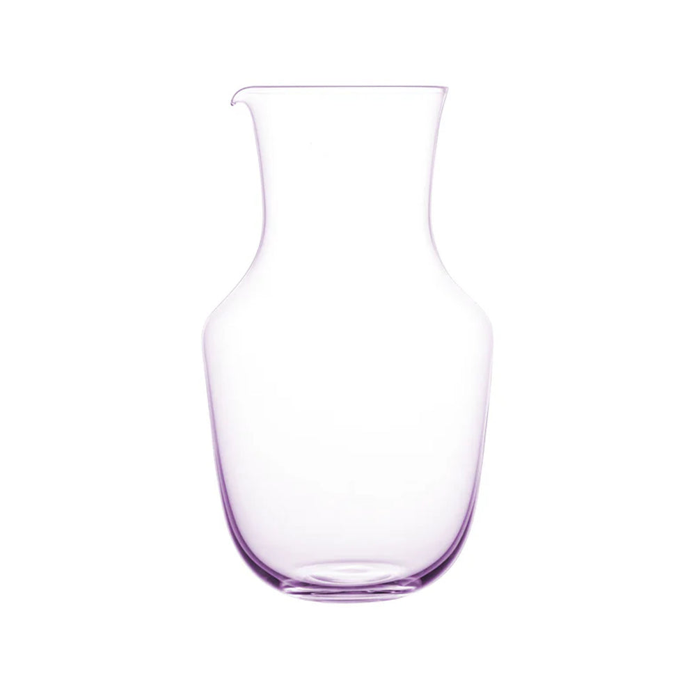Front view of Alpha water pitcher in amethyst showing slender neck and pouring spout on white background