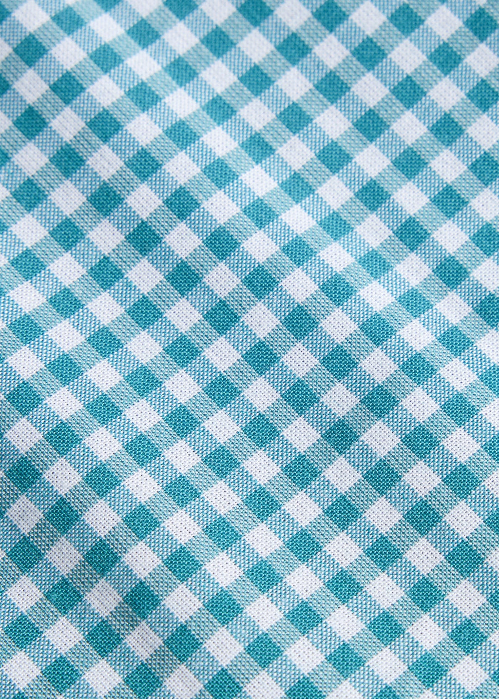 Little English traditional children's clothing. Aqua blue and white Alpine Gingham fabric swatch