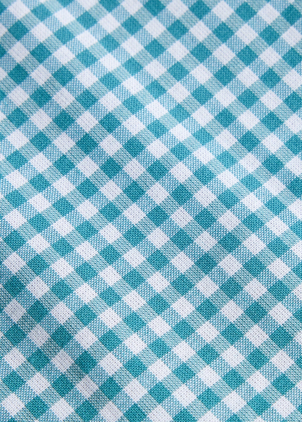 Little English traditional children's clothing. Aqua blue and white Alpine Gingham fabric swatch