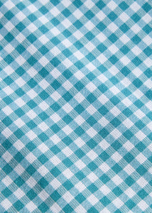 Little English traditional children's clothing. Aqua blue and white Alpine Gingham fabric swatch