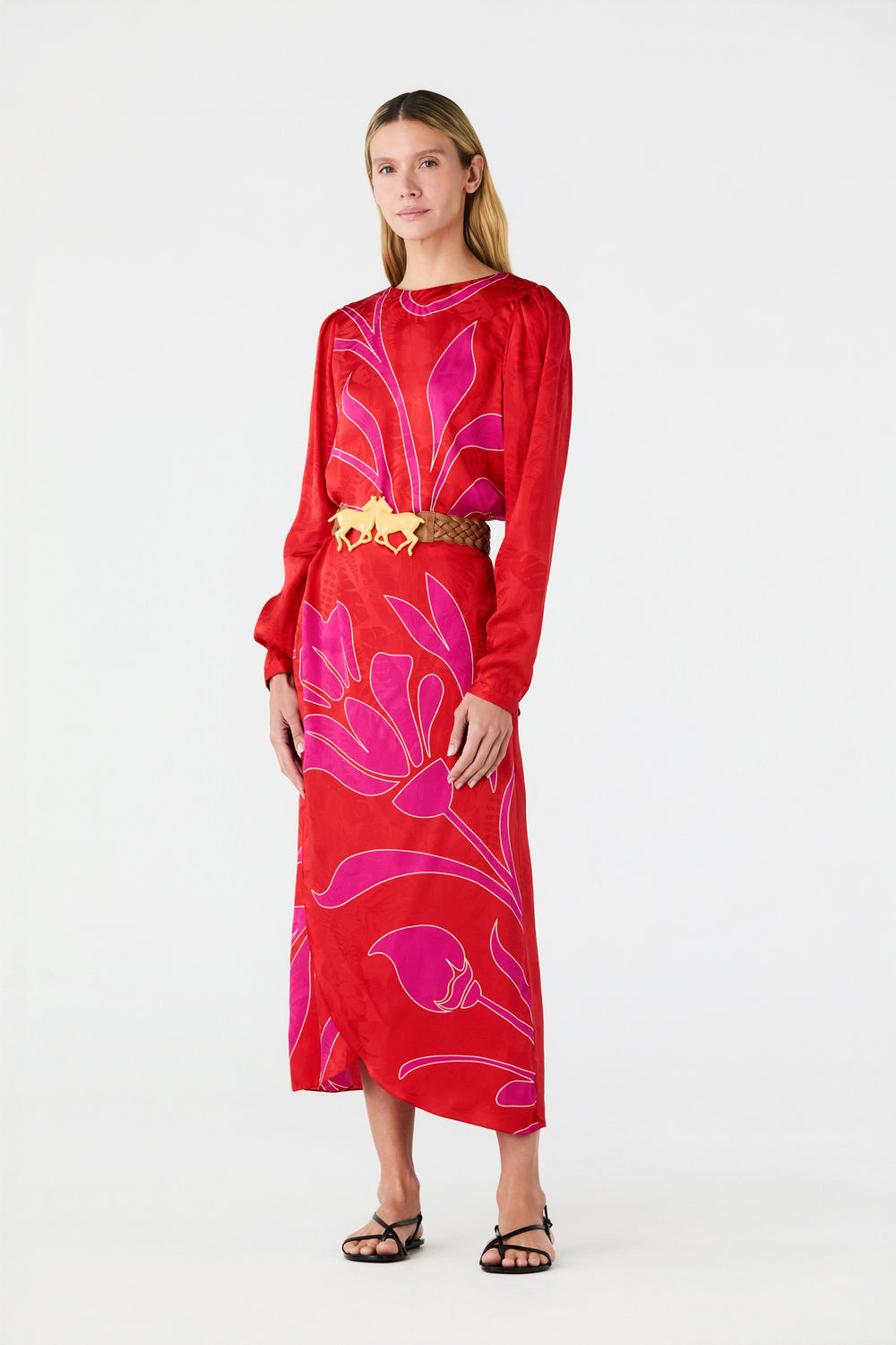 Amaime Silk Jacquard Midi Skirt in Red & Fuchsia Maxi Buganvilia