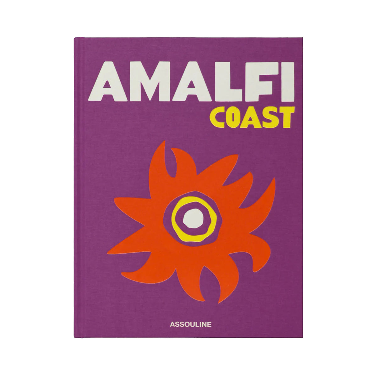 Front cover of Assouline Amalfi Coast hardcover book showing purple cloth cover with orange sunburst and bold AMALFI COAST title