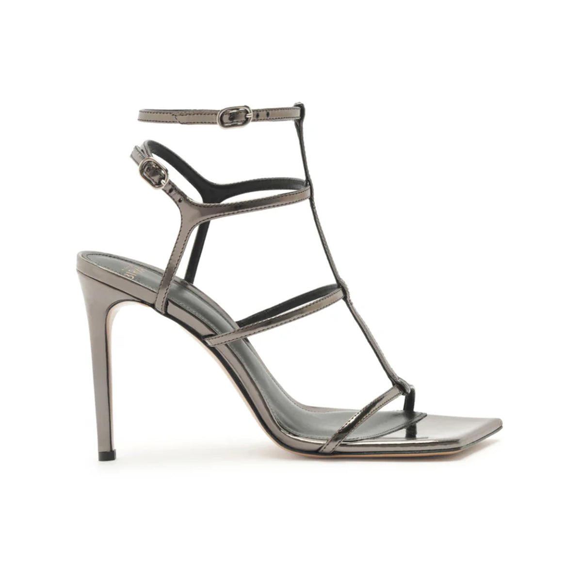 Side view of Amanda 100 sandal in grafite leather showcasing T-strap, square toe, and high stiletto heel on white background
