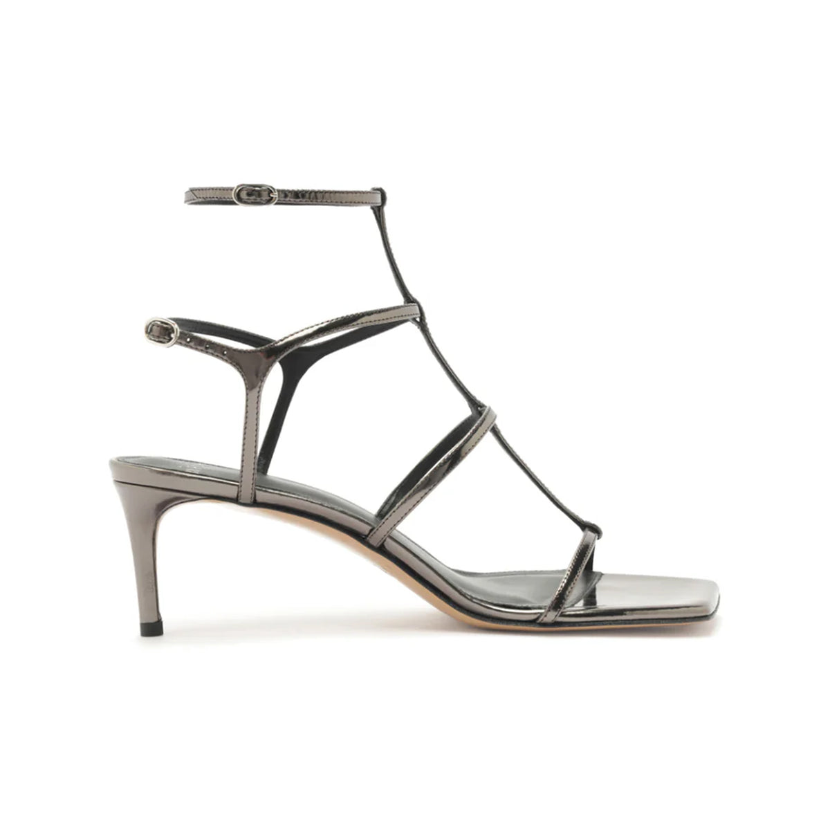 Side view of Amanda 60 sandal in Grafite, T-strap, square toe, 0.4 in stiletto heel, glossy specchio leather on white