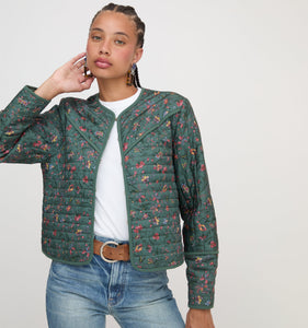 The Amari Quilted Jacket in Bottle Green Fleur Chintz