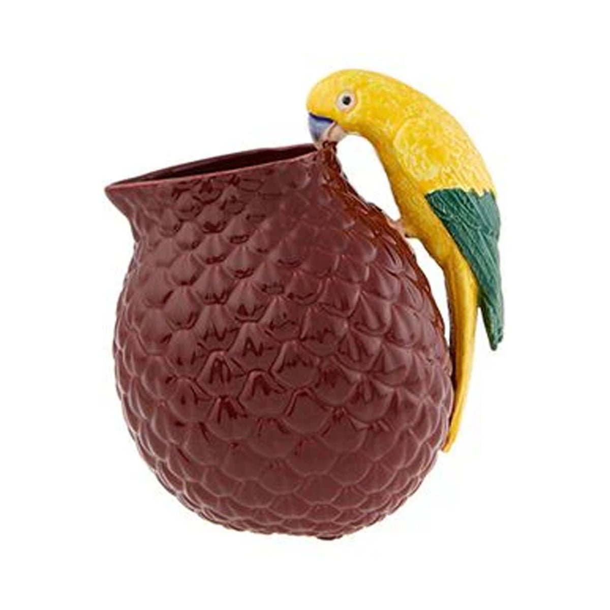 Front view of Amazonia Pitcher 68 oz with Macaw showcasing textured earthenware and macaw handle against a white background