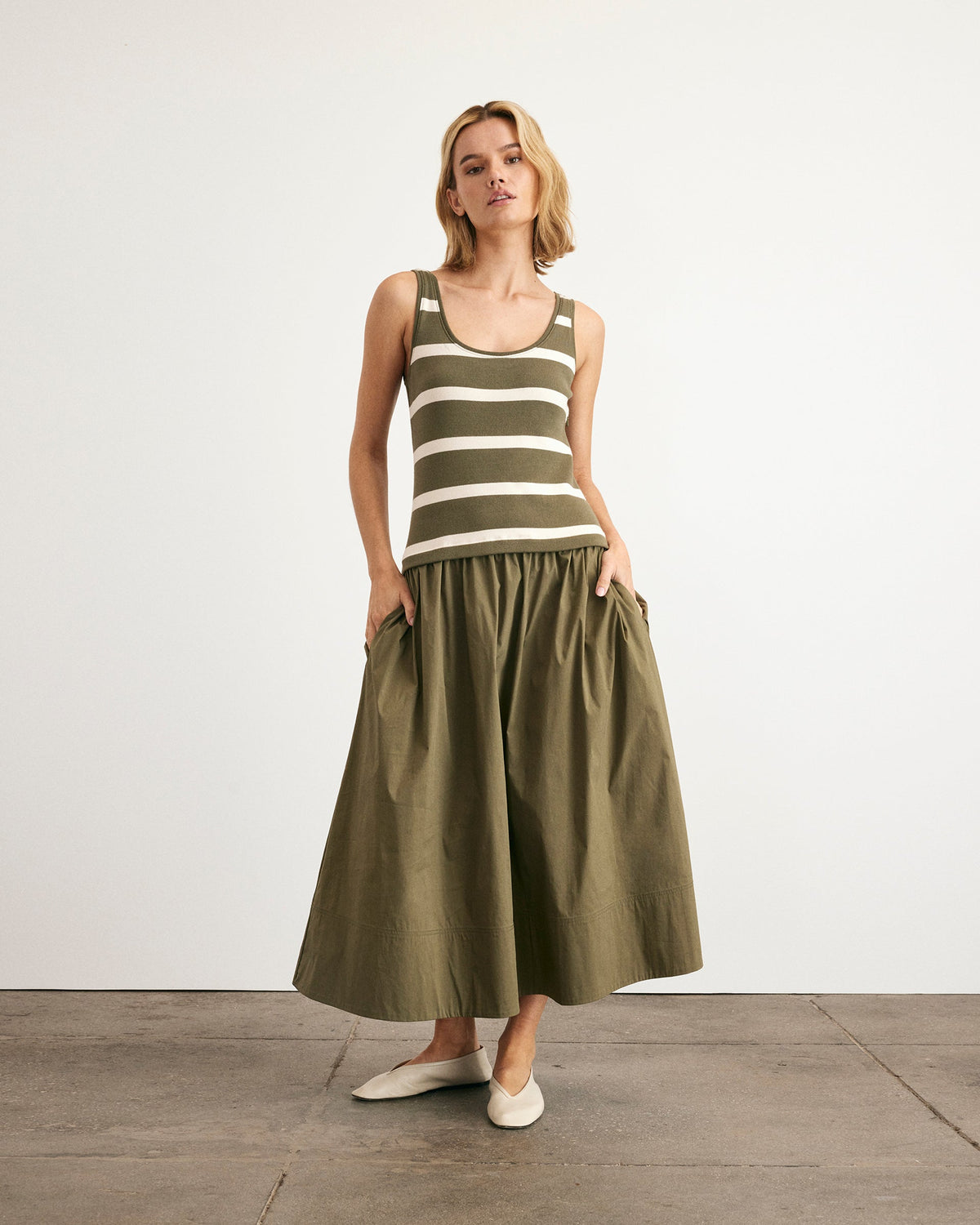 Amber Dress in Fern & Cream Stripe