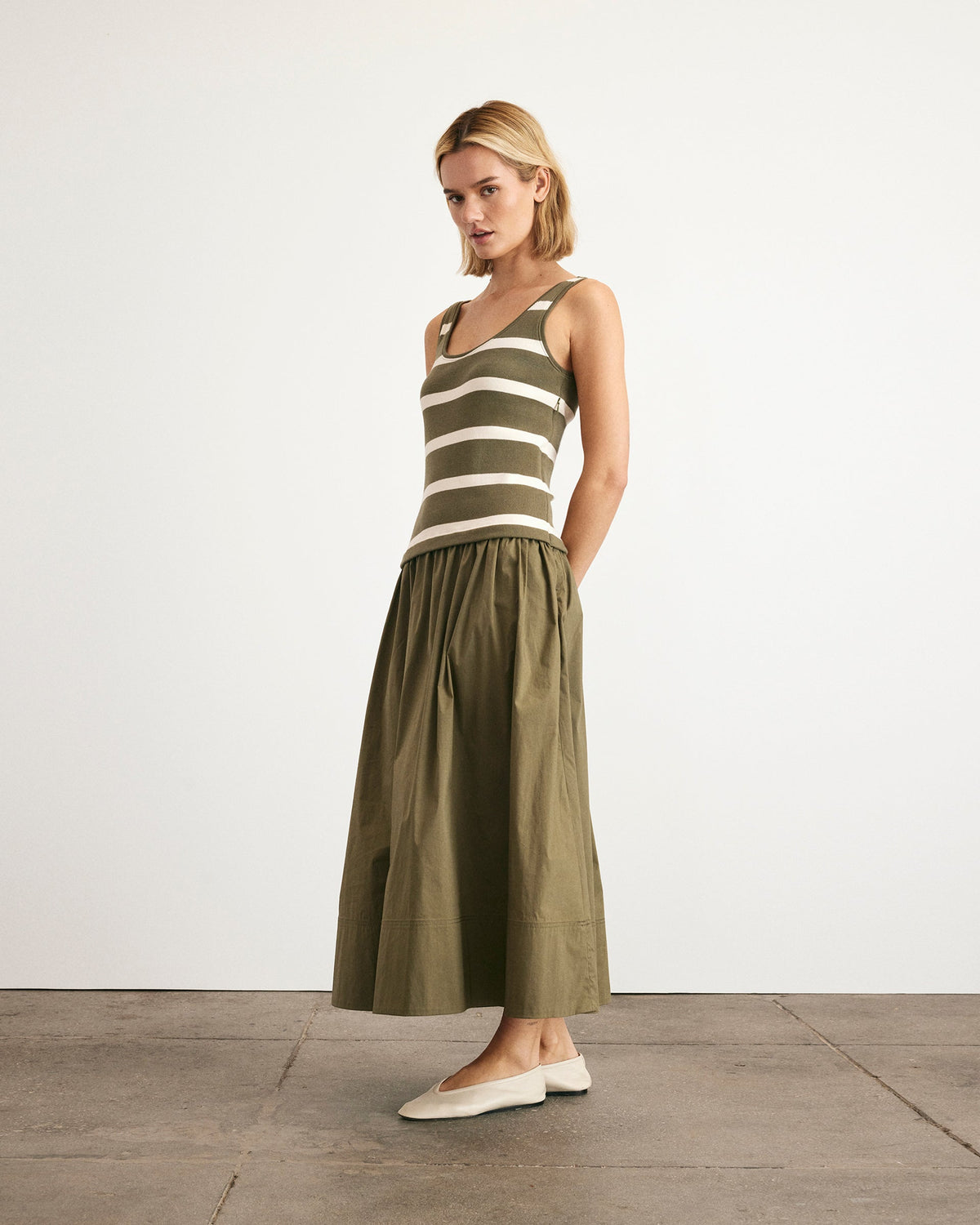 Amber Dress in Fern & Cream Stripe