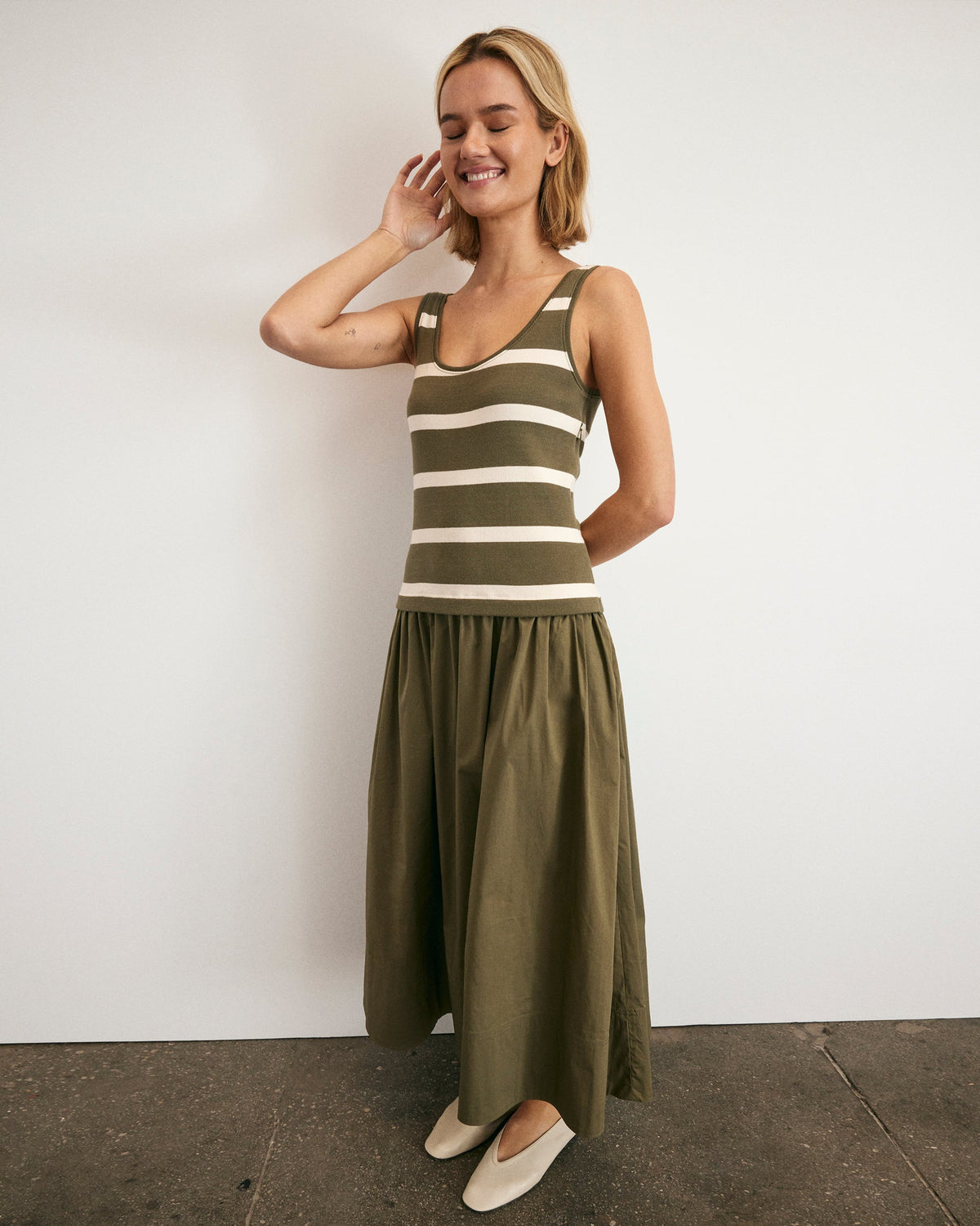 Amber Dress in Fern & Cream Stripe