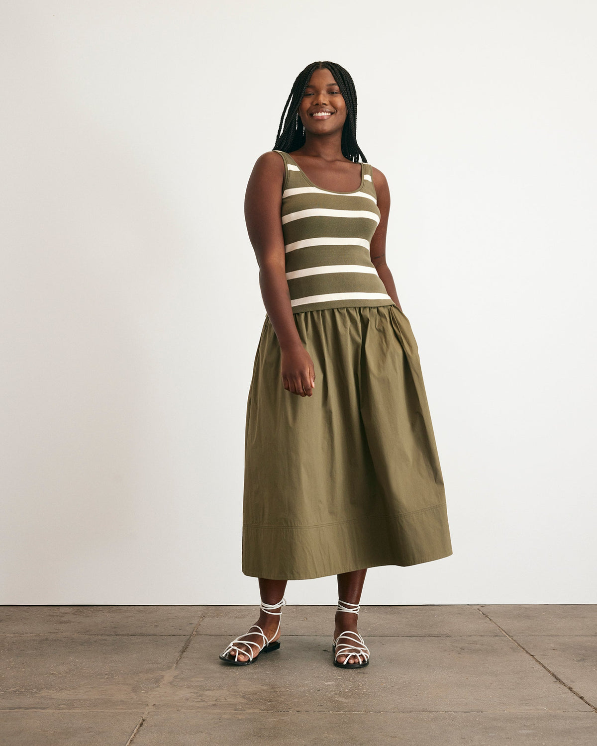 Amber Dress in Fern & Cream Stripe
