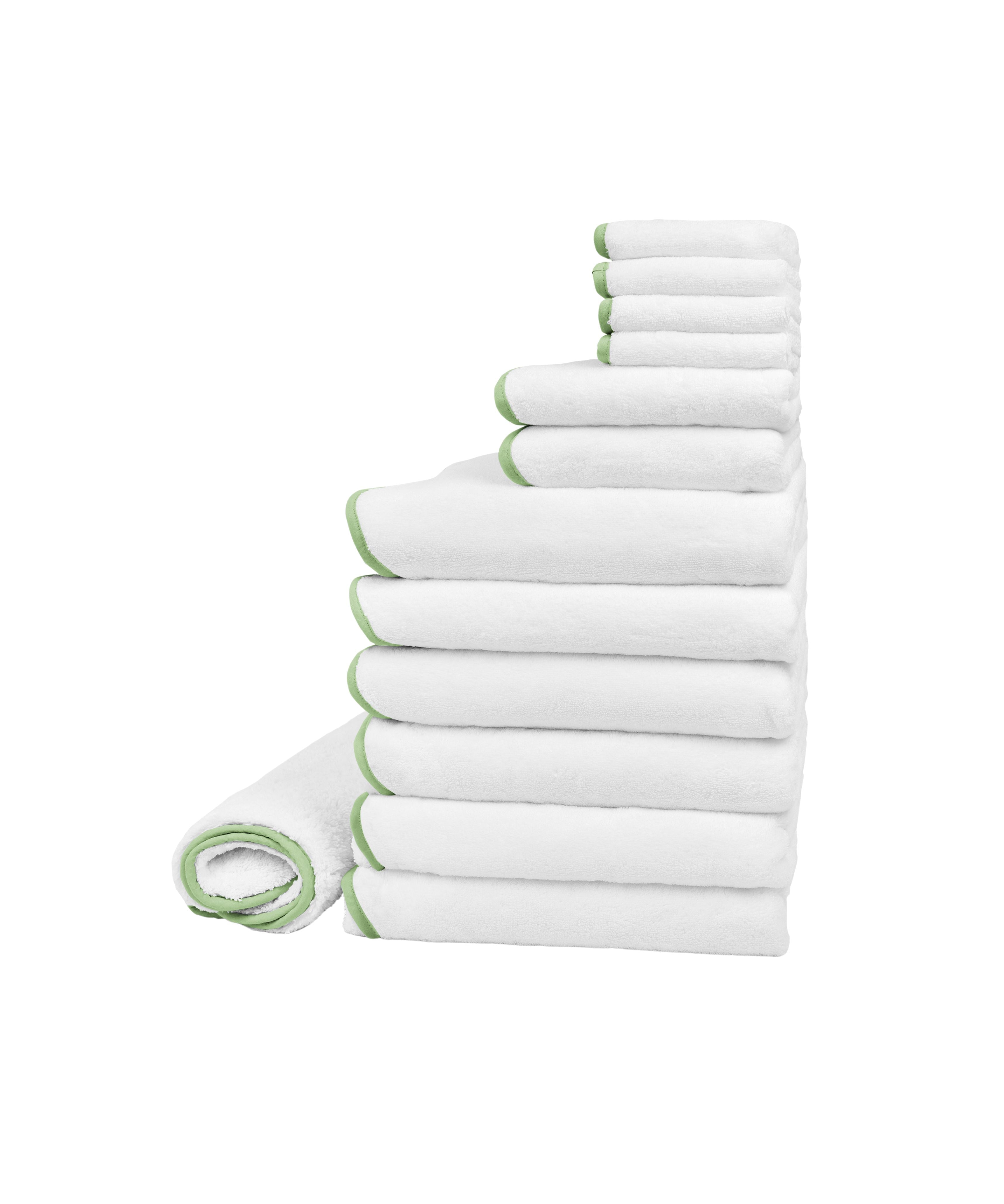 Rebecca Udall, Amelia Scalloped Wavy Bath Towel Large Family Bundle, White with Green Piping Trim