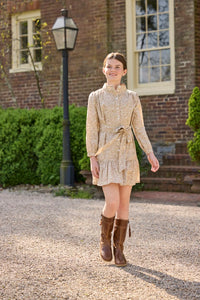 Little English traditional children's clothing.  Long sleeve khaki floral shirt dress with tie sash for older girls