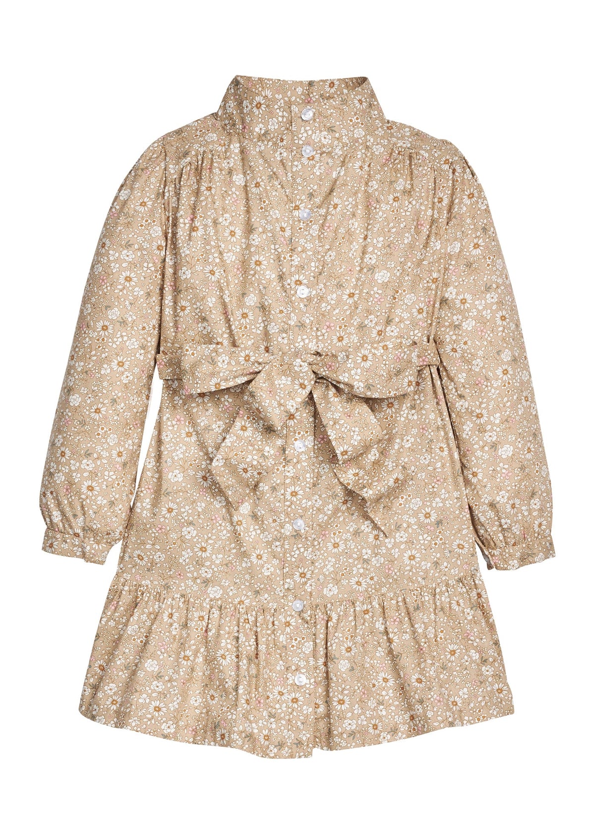 Little English traditional children's clothing.  Long sleeve khaki floral shirt dress with tie sash for older girls