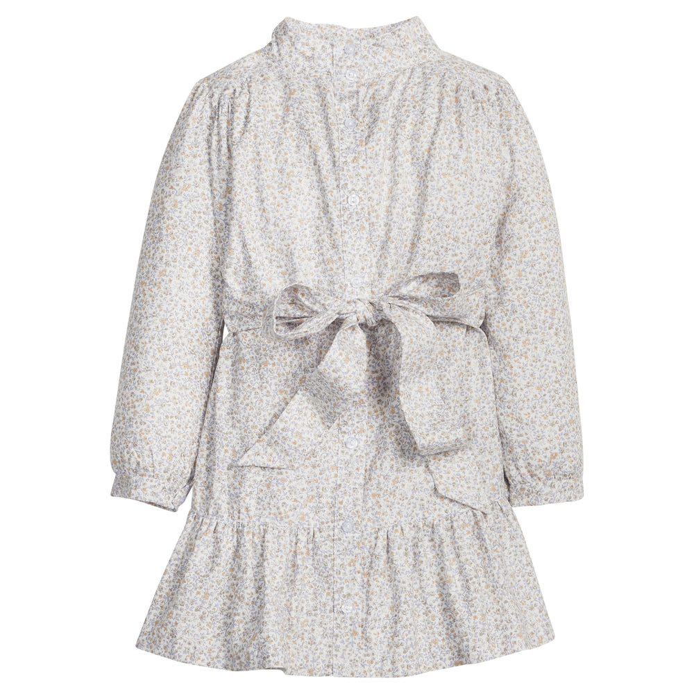 Little English traditional kids clothes, classic cream floral long sleeve dress with high collar and tie waist for girls