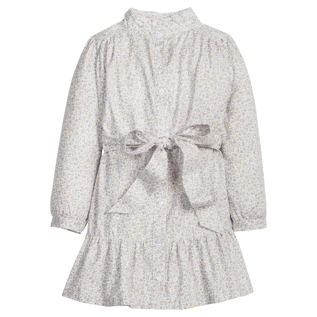 Little English traditional kids clothes, classic cream floral long sleeve dress with high collar and tie waist for girls