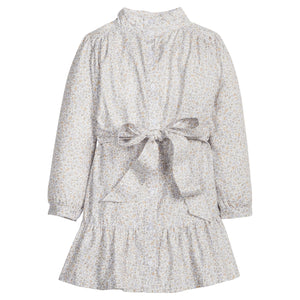 Little English traditional kids clothes, classic cream floral long sleeve dress with high collar and tie waist for girls