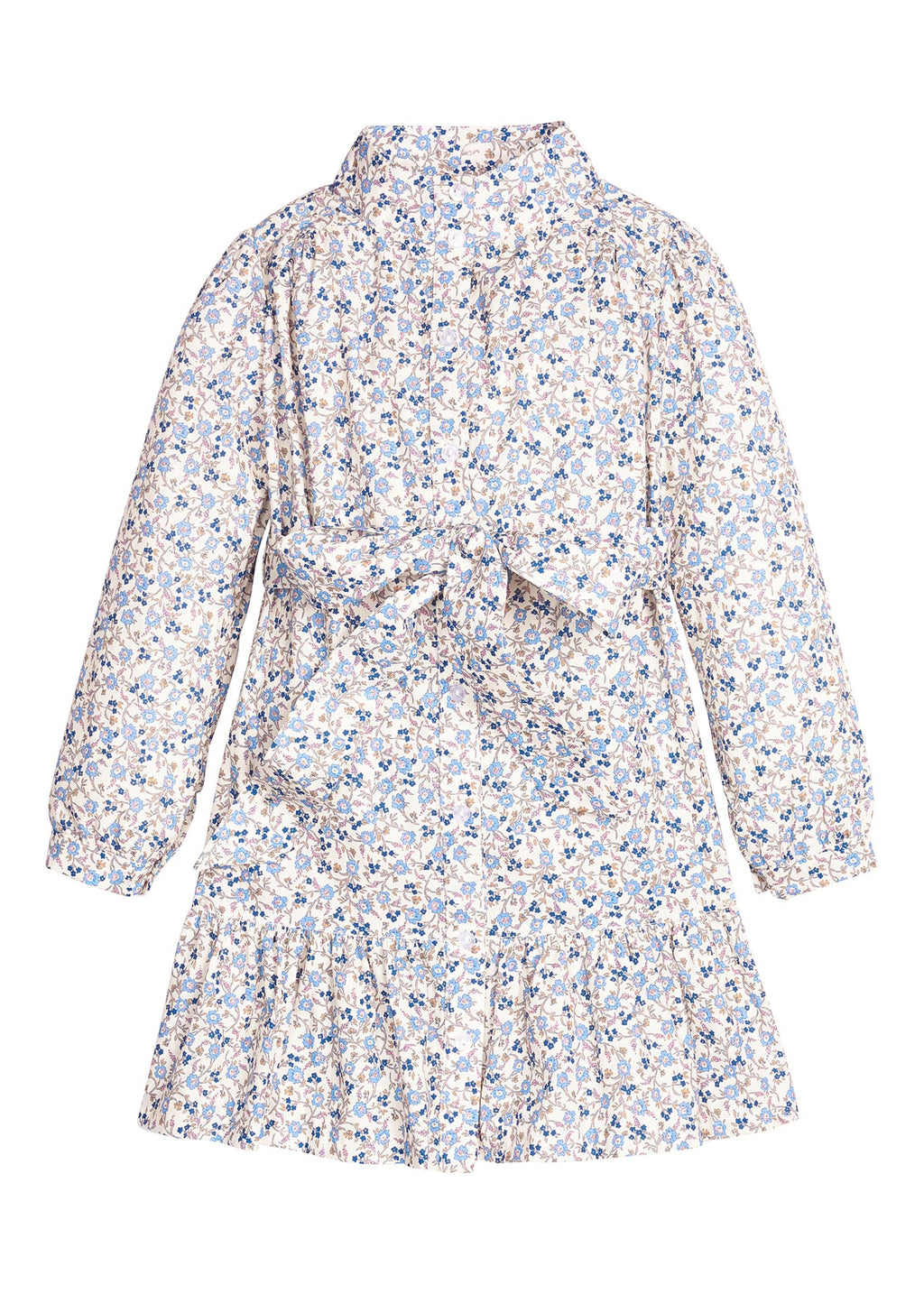 Little English traditional children's clothing. Long sleeve blue, brown, and cream floral shirt dress with tie sash for older girls.