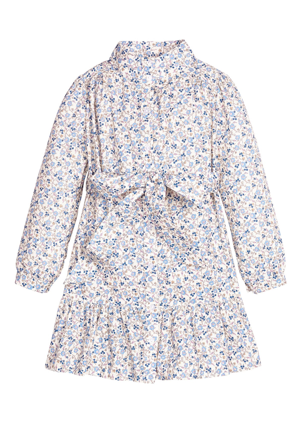 Little English traditional children's clothing. Long sleeve blue, brown, and cream floral shirt dress with tie sash for older girls.
