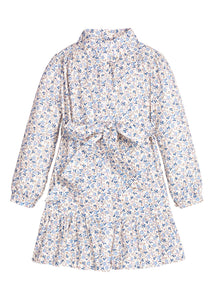 Little English traditional children's clothing. Long sleeve blue, brown, and cream floral shirt dress with tie sash for older girls.