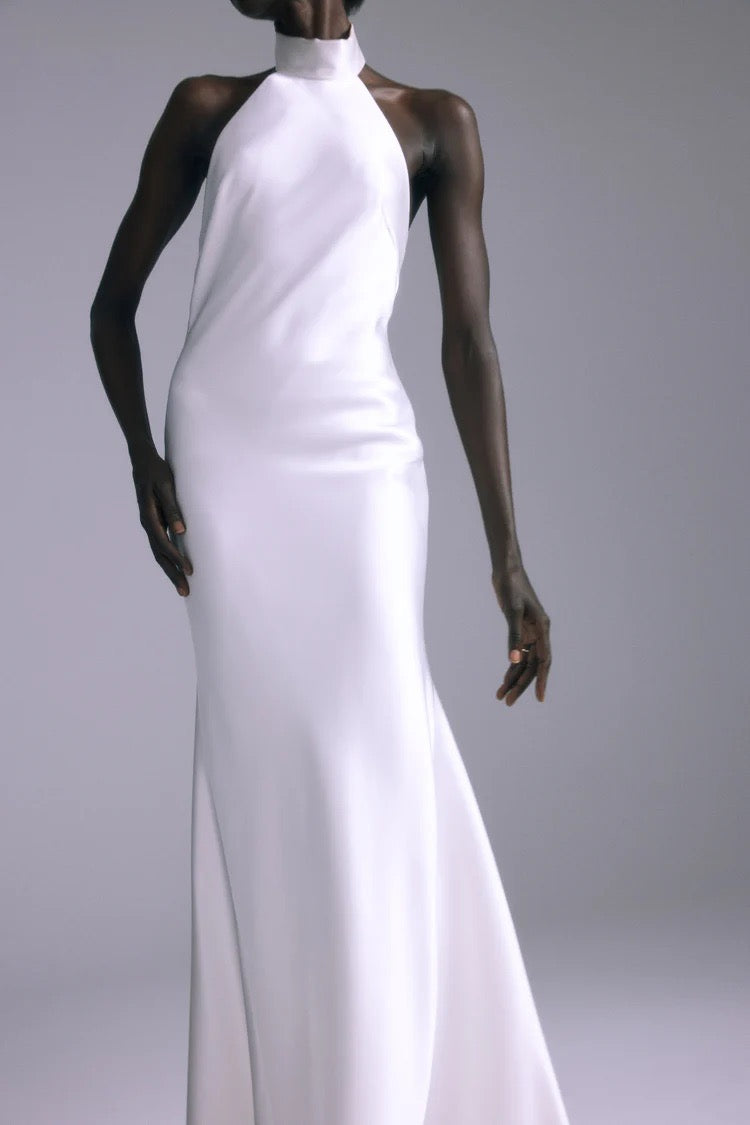 black silk dress halter neck MAREN SATIN HALTER MAXI Dress | Tie-Neck Wedding Guest Dress main image 1