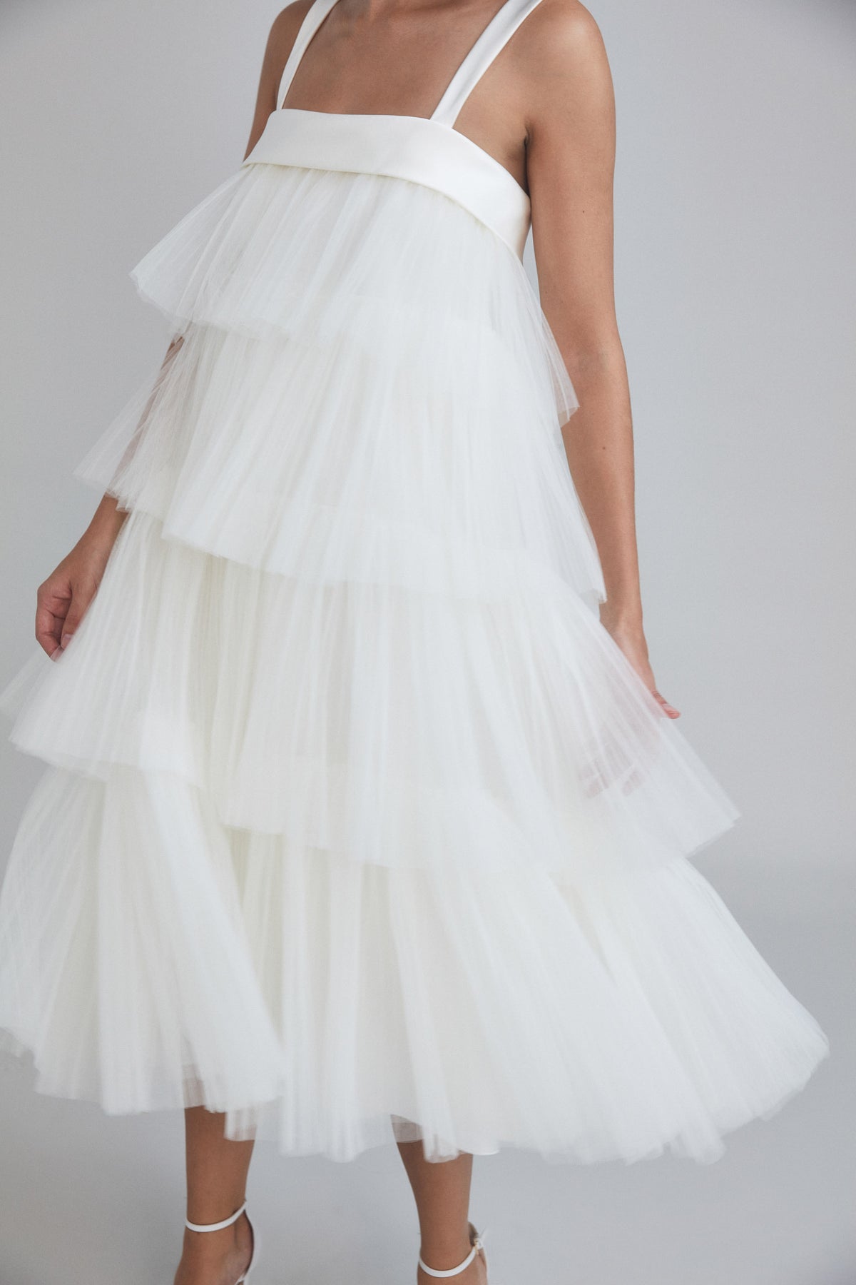 Tiered Mushroom Pleated Tulle Trapeze Dress