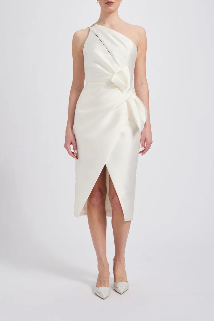amsale off the shoulder shift dress Mikado Draped Shoulder Dress Ivory / 28