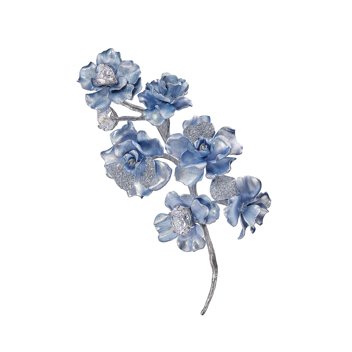 Front view of Baby Blue Cherry Blossom Aluminium Brooch showcasing blue flowers, simulated white diamonds, and a curved branch on white background