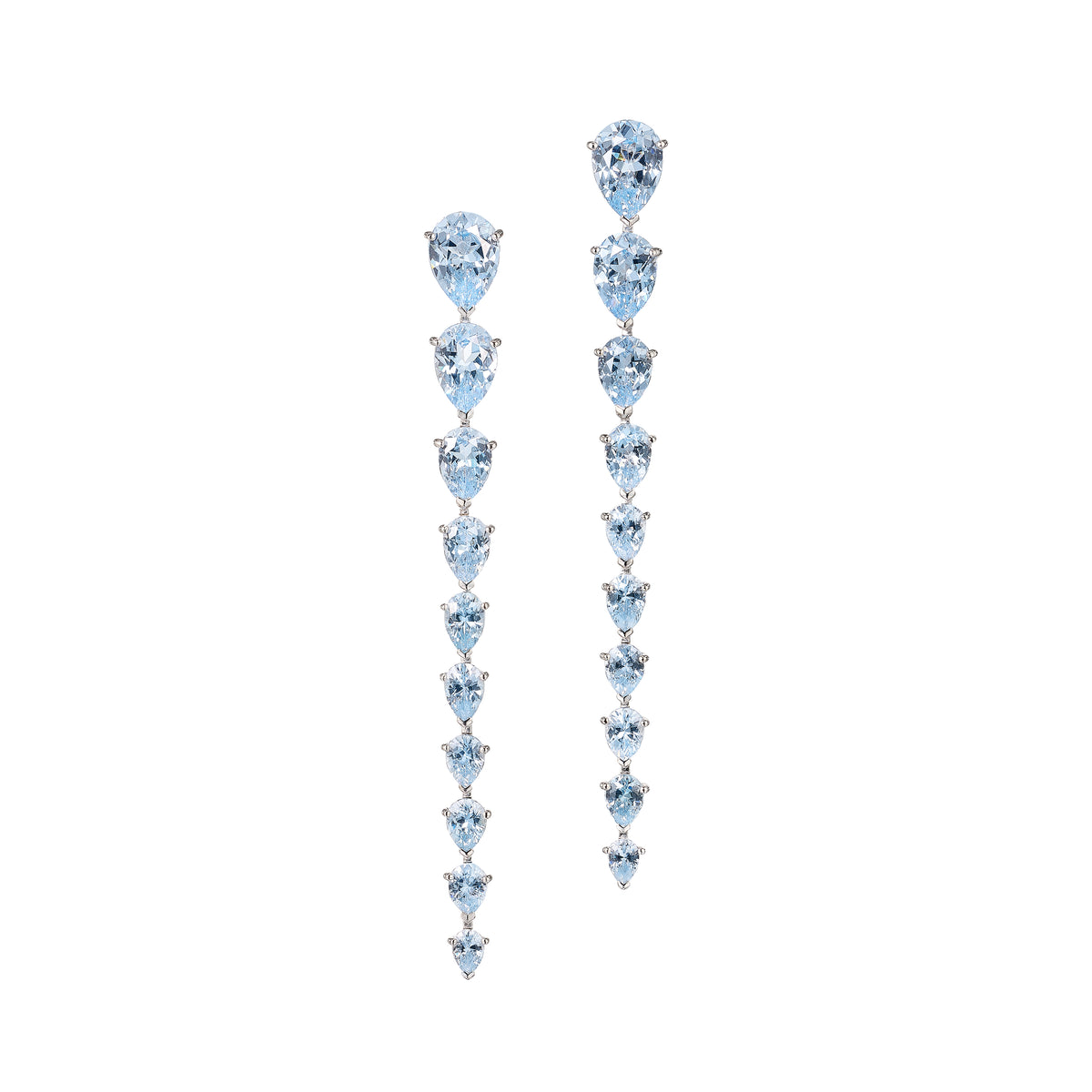 Front view of Baby Blue Nova Earrings showcasing graduated pear-cut aquamarines on a white background