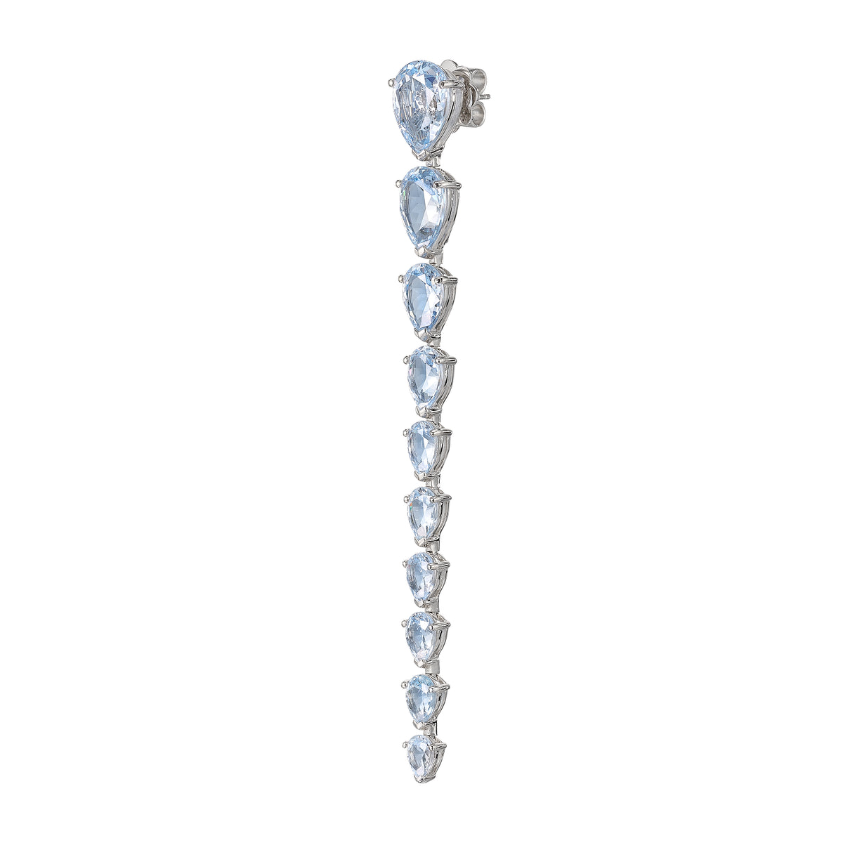 Side view of Baby Blue Nova Earrings showcasing graduated pear cut aquamarines against a white background