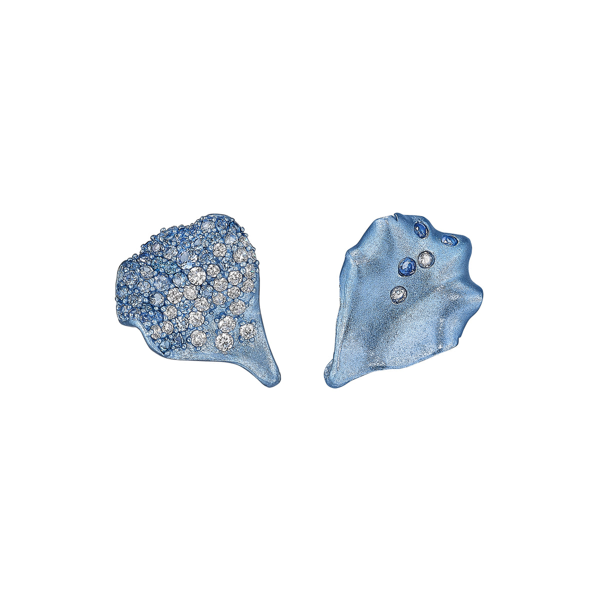 Front and back views of Baby Blue Petal Studs with mismatched baby blue aluminum petals and sky blue spinels
