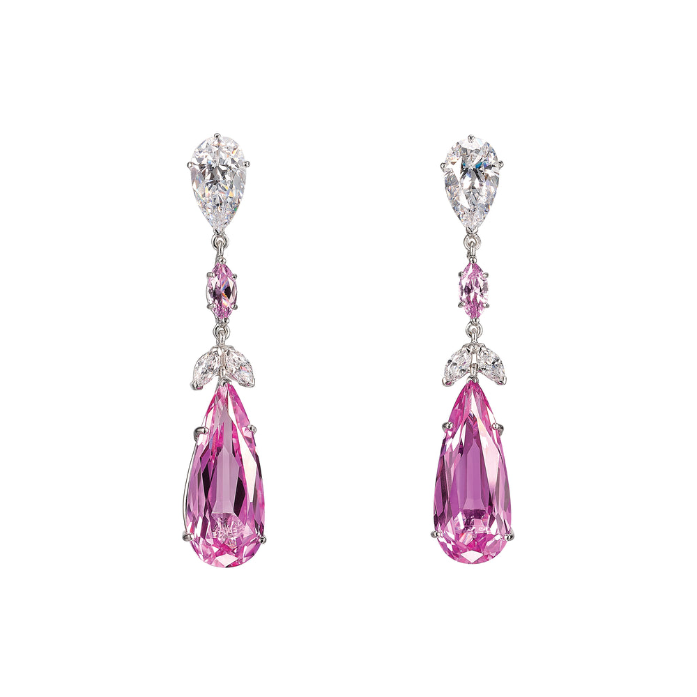 Front view of Blush Calla Lily drop earrings showing clear pear studs, pink marquise stones, and long pink teardrop crystals on white background