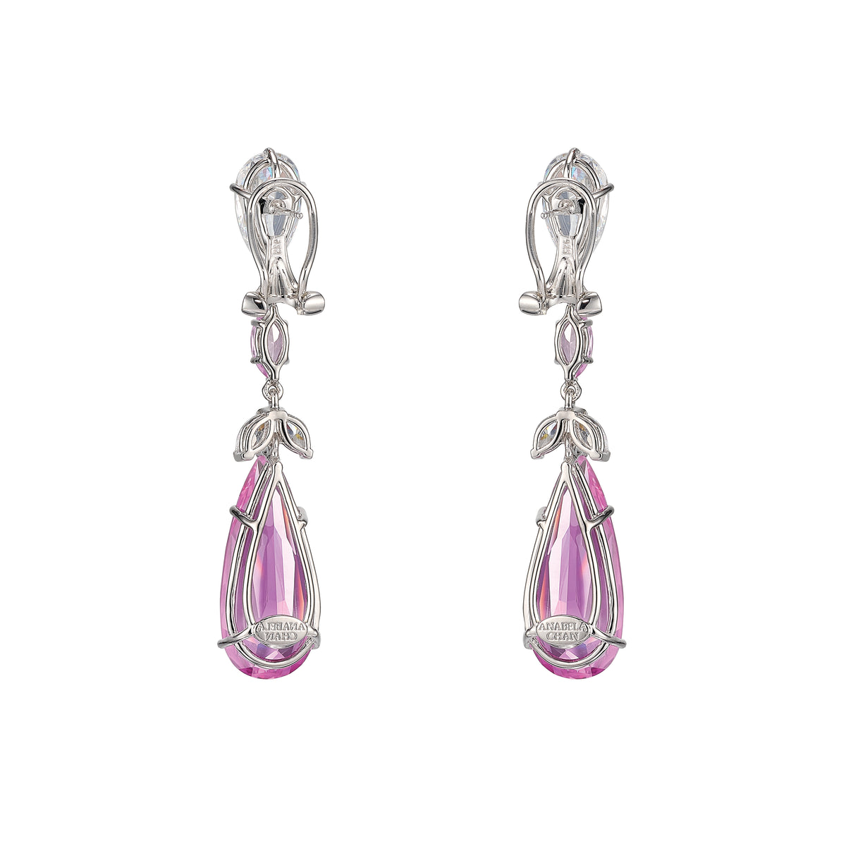 Back view of Blush Calla Lily drop earrings showcasing Begonia pink sapphires and white diamonds on white background