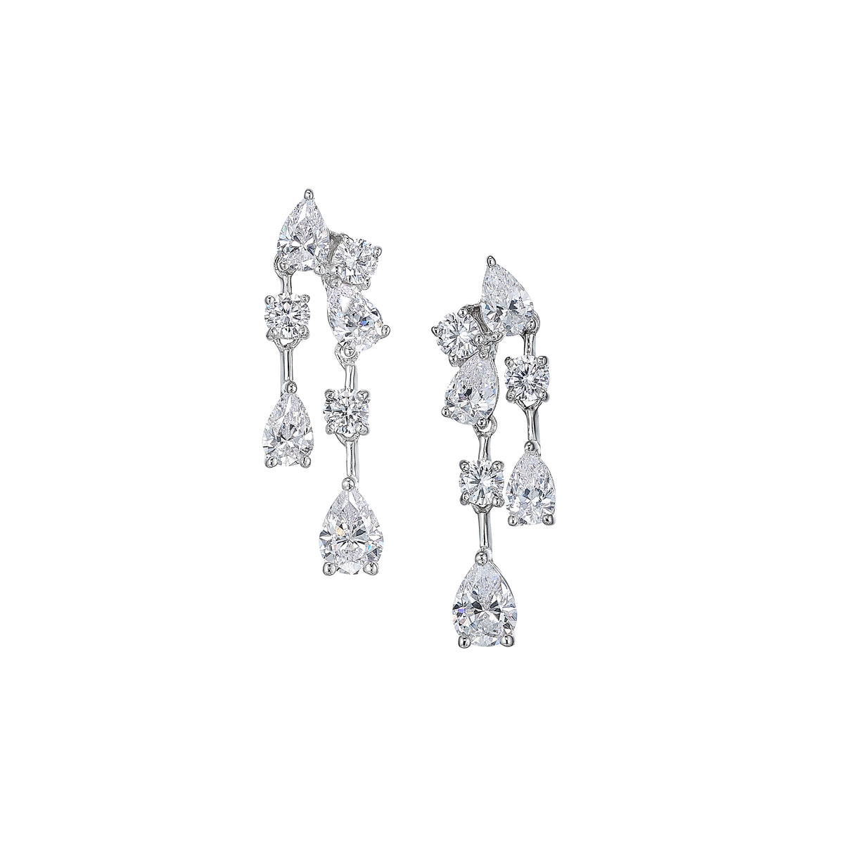 Front view of Mini Diamond Raindrop Earrings showcasing hand-set white diamond teardrops with a white background