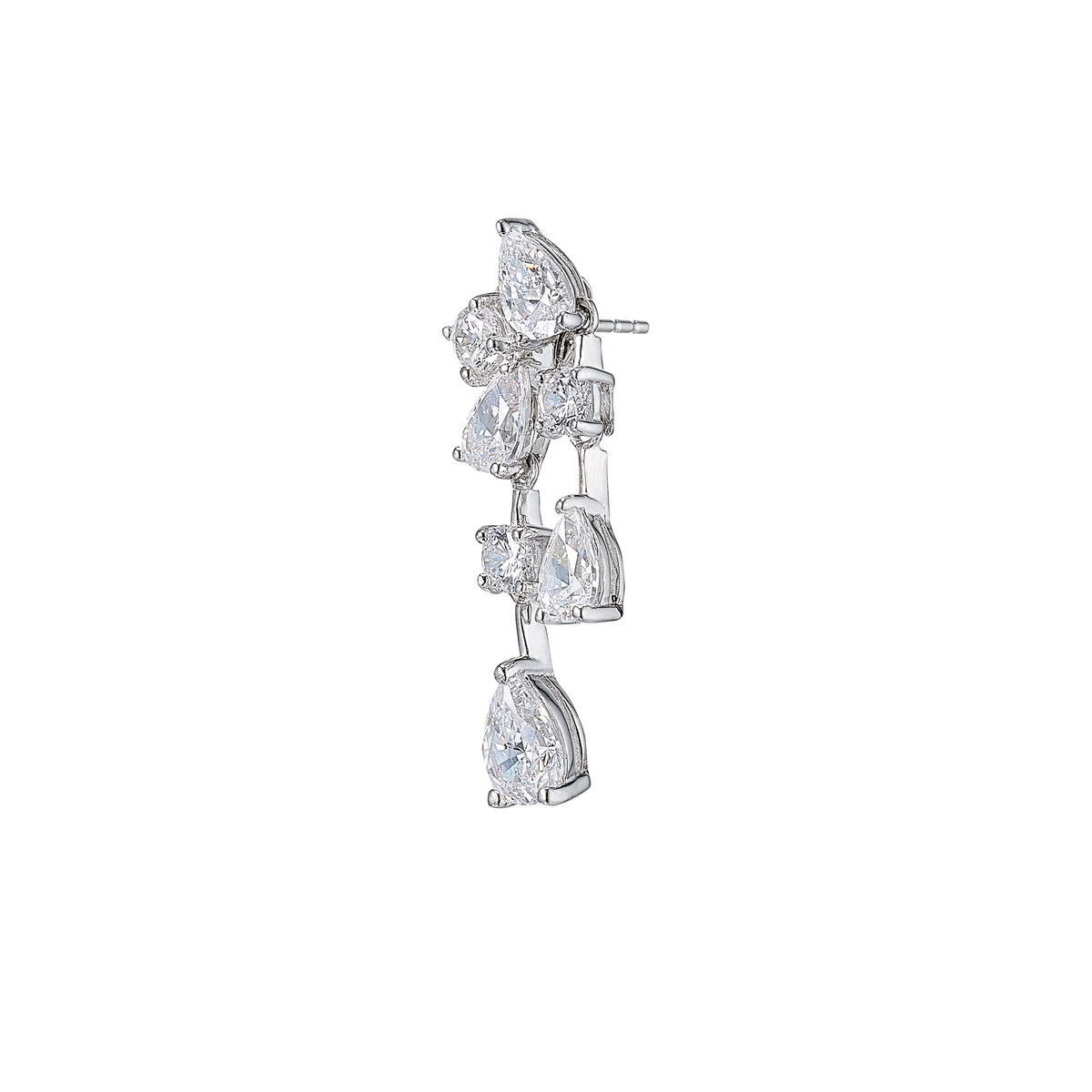 Angled view of Mini Diamond Raindrop Earrings showcasing hand-set laboratory-grown simulated white diamonds with a white background