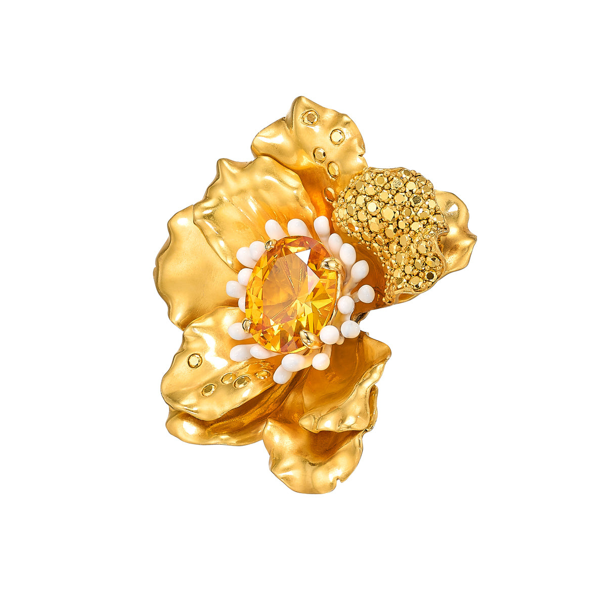 Front view of Roi De Soleil earring, gold flower with oval yellow gemstone, white bead accents and pave detail