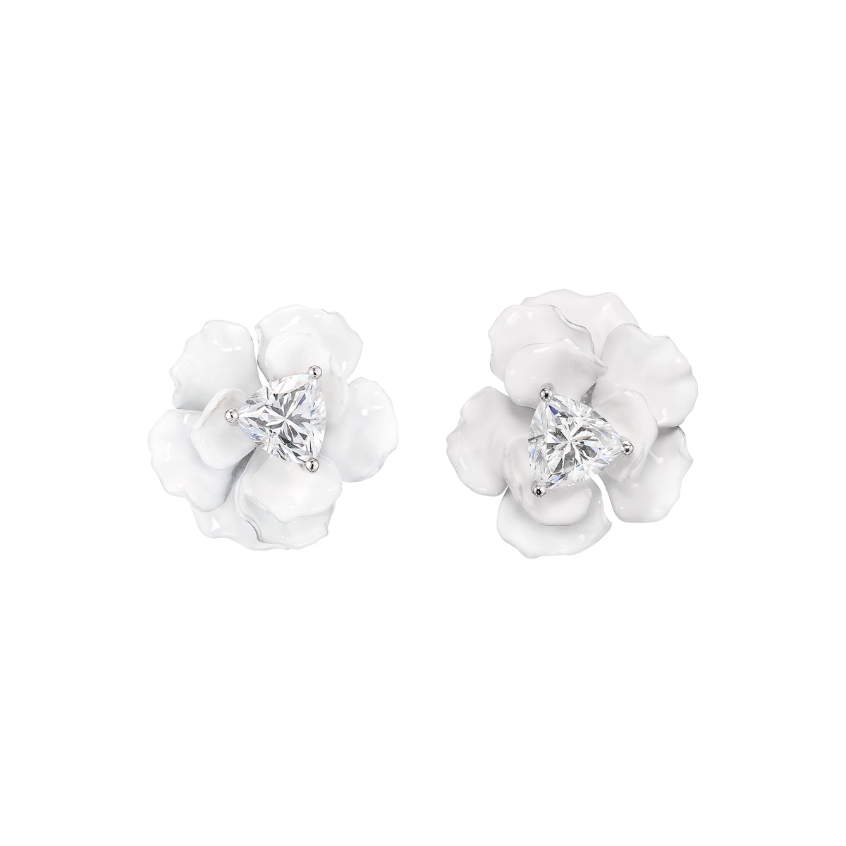 Front view of Snowflower Rose Studs showcasing white flower petals and trillion cut white diamond centers on a white background