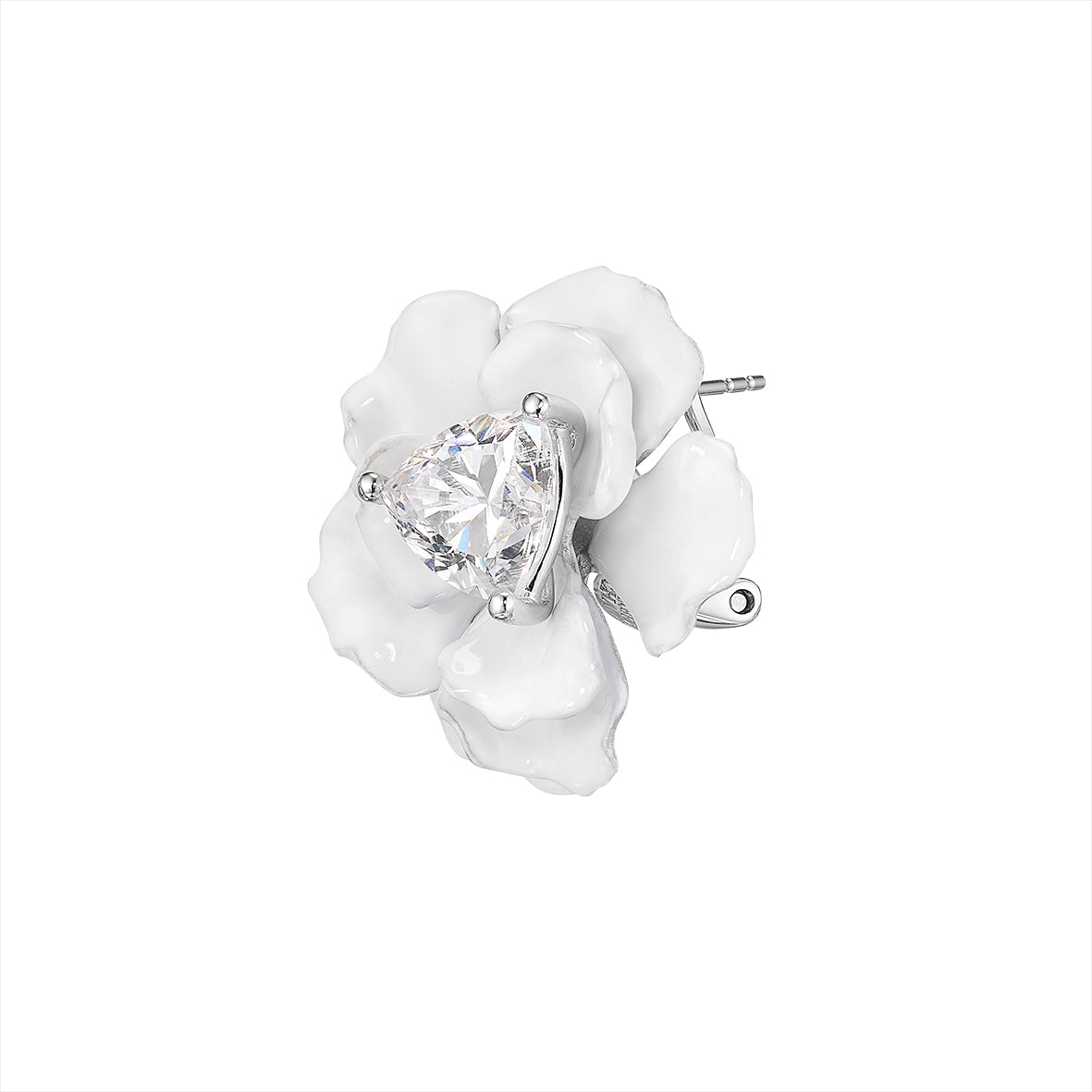 Angled view of Snowflower Rose Studs showcasing white flower petals and a simulated trillion-cut diamond on a white background