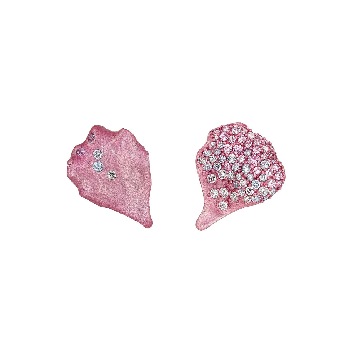 Front view of Blush Petal Studs showcasing mismatched pink petals with pink sapphires and simulated white diamonds on white