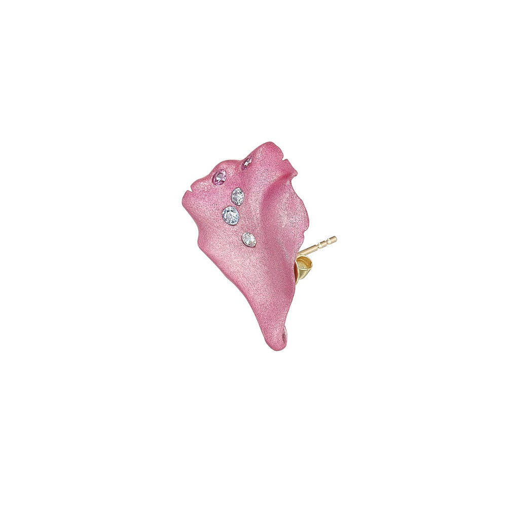 Side view of Blush Petal Stud showcasing pink petal-shaped enamel, three clear crystals, and gold post on white background