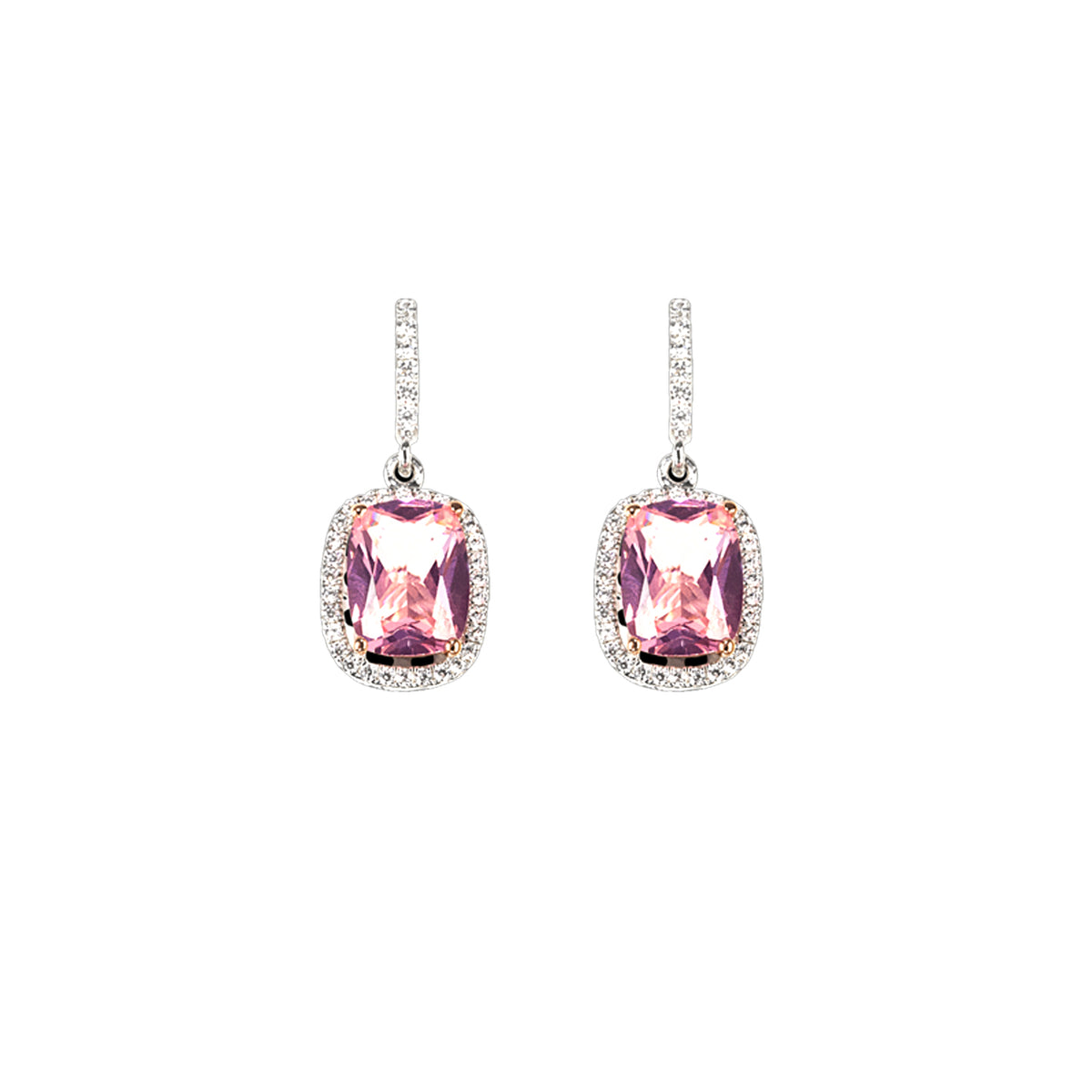 Front view of Comet Morganite Earrings showcasing faceted pink gemstones surrounded by simulated diamonds on a white background
