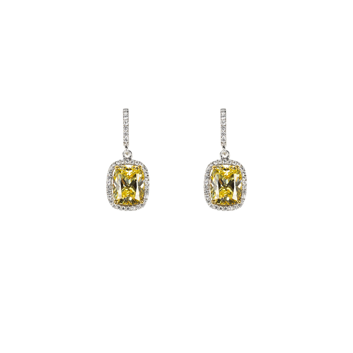 Front view of Comet Canary Diamond Earrings with simulated yellow diamonds and diamond halos on white background