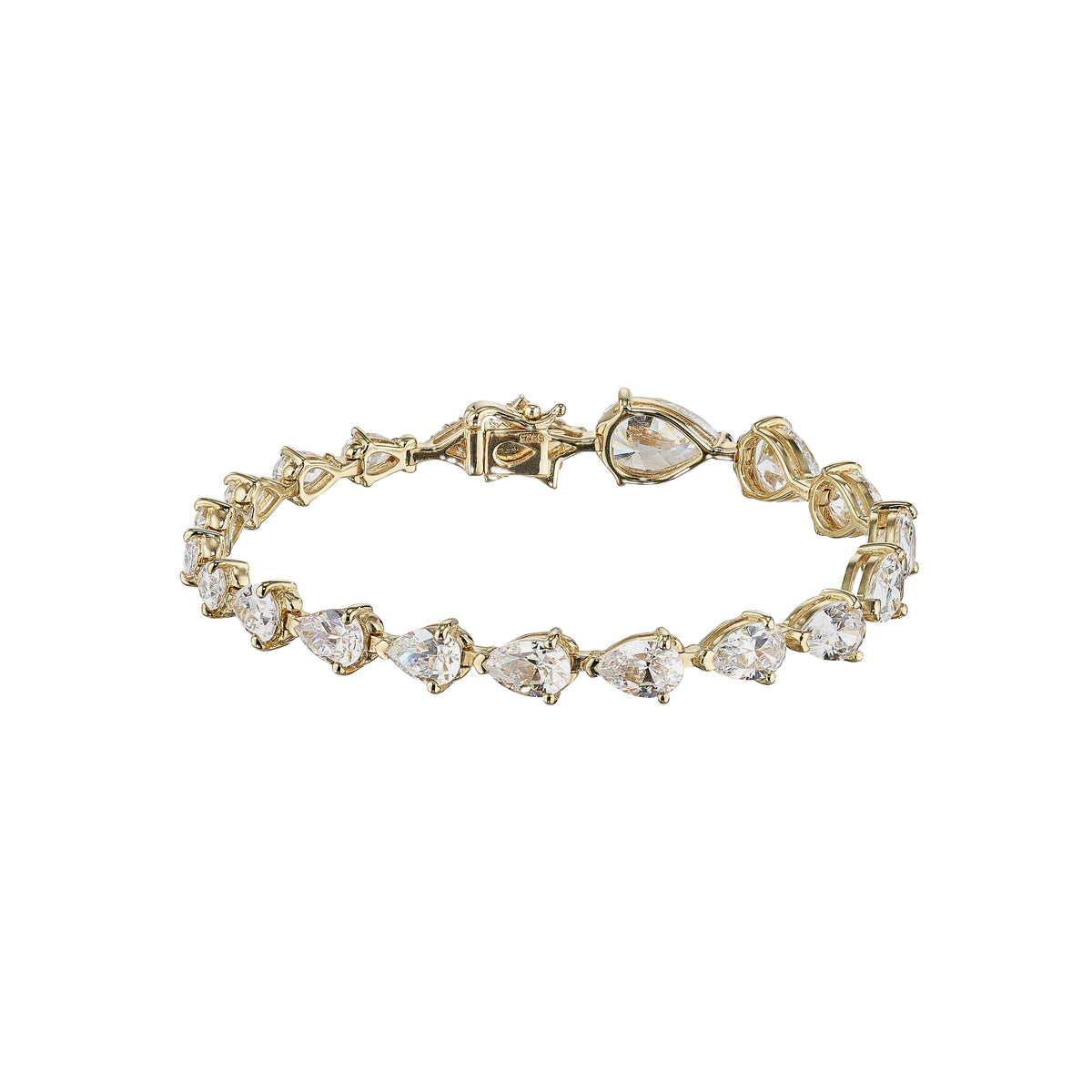 Close up of Diamond Nova Eternity Bracelet showcasing pear cut laboratory grown simulated white diamonds and star shaped clasp