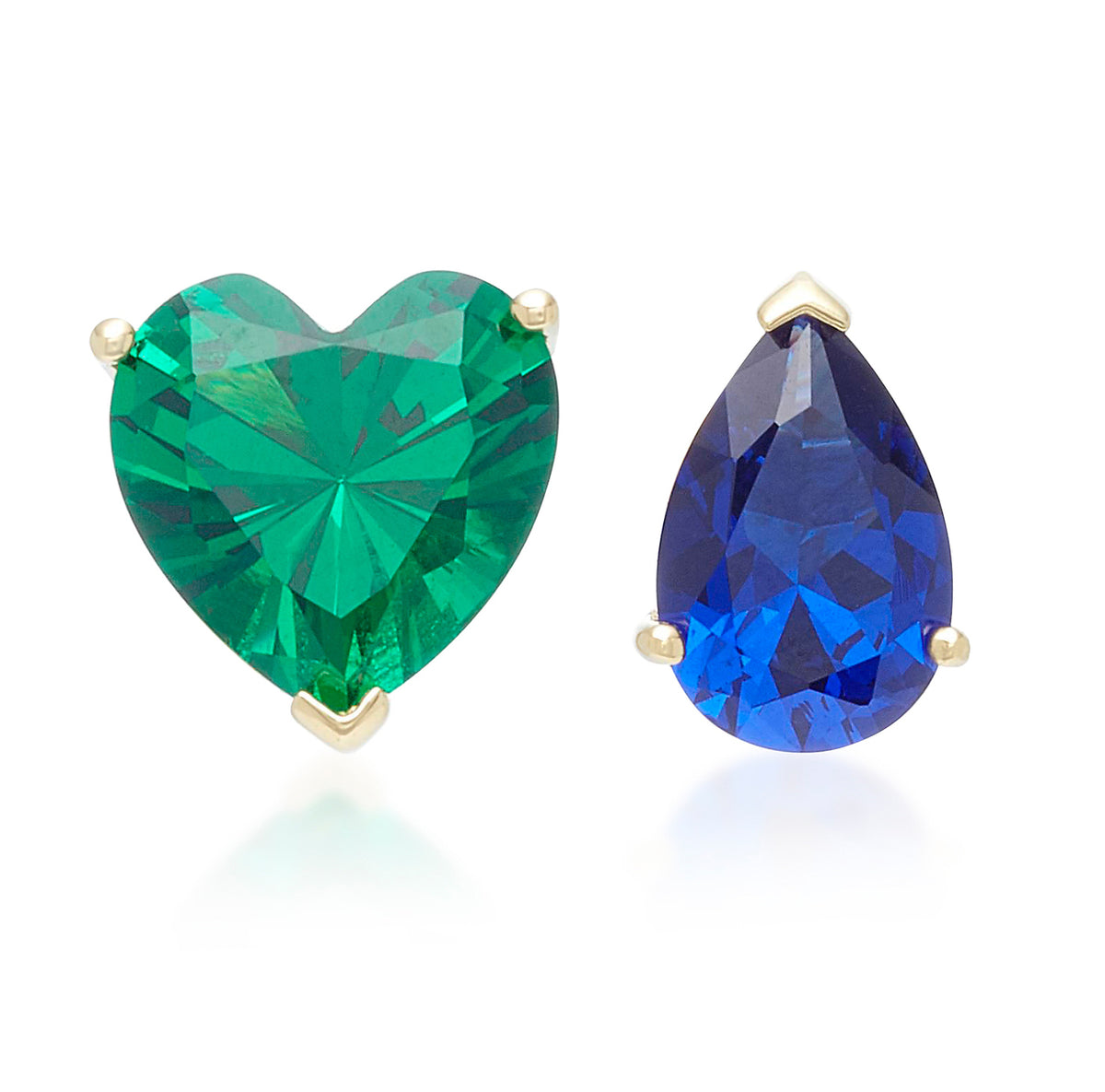 Front view of Emerald Love & Tears Stud Earrings showcasing emerald heart and royal blue sapphire tear drop on white